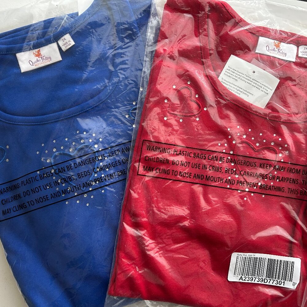 NWT Quacker Factory Red Heart Rhinestone 100% Lot of 2 Cotton Tops 3/4 Sleeve 2X